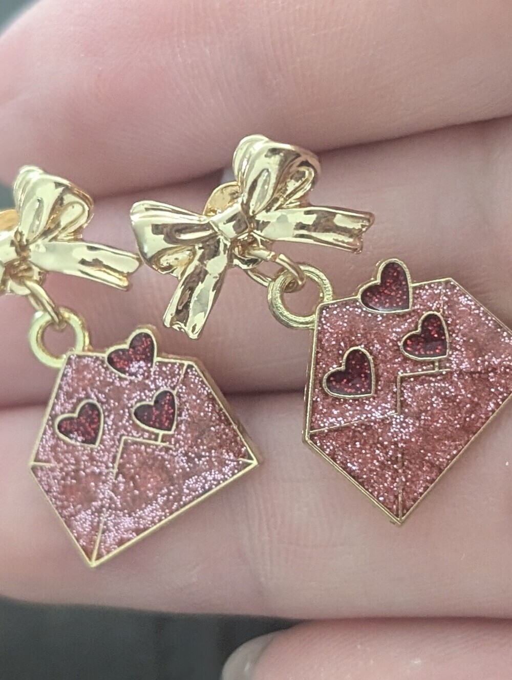 Coquette Bow Stud Earring , Enameled Heart Love Envelop Dangle Ear - Picture 6 of 8